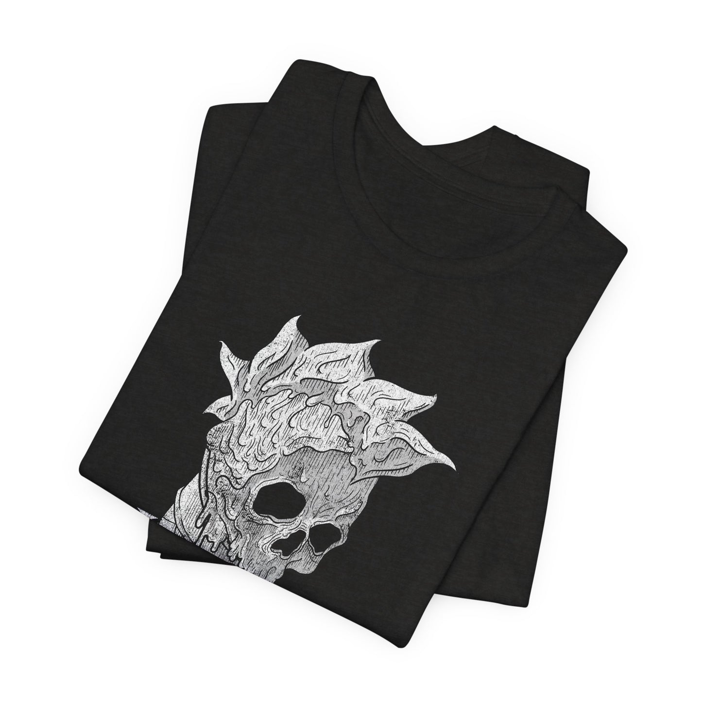 Black t-shirt with a white skull design on a white background