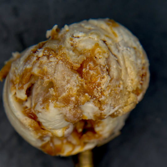 Ice cream scoop with caramel swirl on a dark background